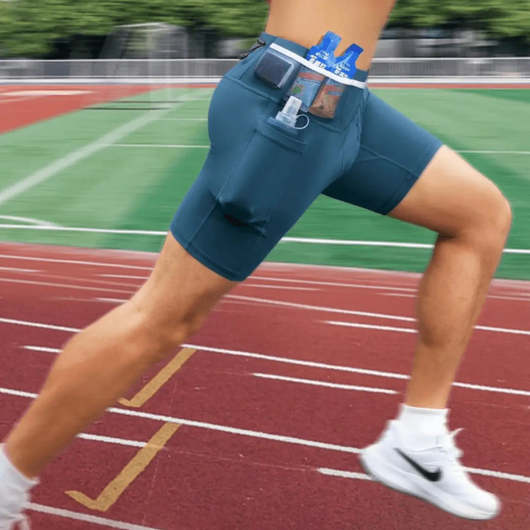 IgniteWear AeroFlex 6-pocket running shorts for men in blue - front view
Men's compression running shorts with side pockets - IgniteWear blue
IgniteWear trail running shorts with built-in brief and UPF 50 protection