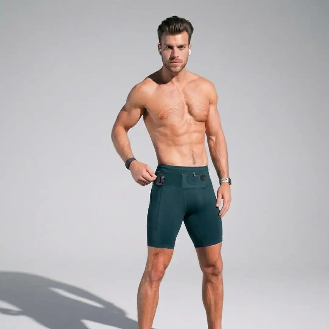 IgniteWear AeroFlex 6-pocket running shorts for men in blue - front view
Men's compression running shorts with side pockets - IgniteWear blue
IgniteWear trail running shorts with built-in brief and UPF 50 protection